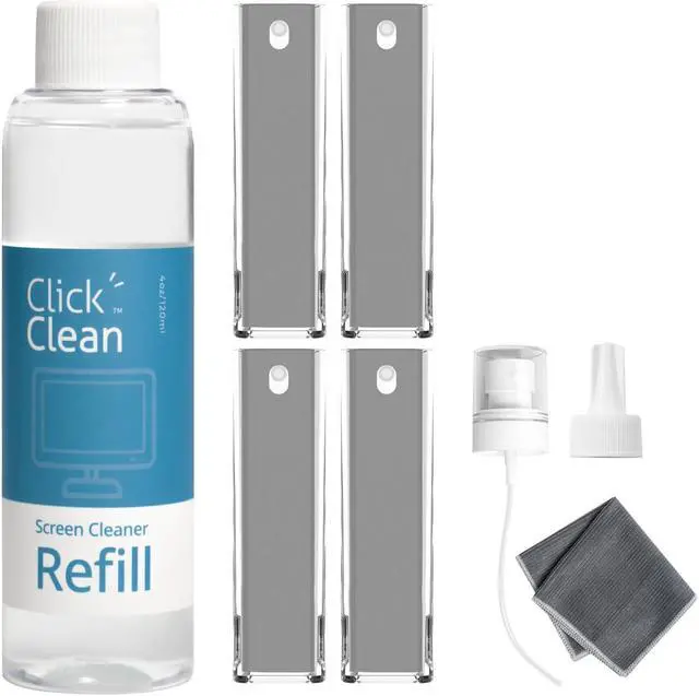 Main image of Click Clean Screen Cleaner Kits - 4 All-in-One Screen Cleaner with 4 oz Cleaner Refill, 1 Microfiber Cloth(7.8 x 7.8in), 1 Mini Refill Funnel, and 1 Sprayer - for All Phones, Laptop and Tablet Screens