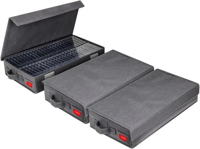 Main image of NUSWOR Upgrades Cassette Tape Storage Box - Dust-proof Cassette Racks with Lid - Audio Cassette Holder Pack of 3- Holds 144 Cassette Cases - 16.34 x 9.25 x 3.4 Inches - Grey