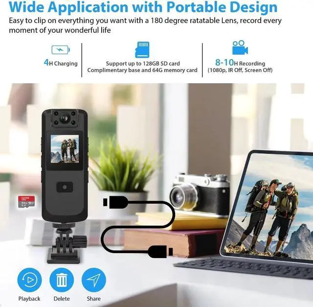 Alt view image 3 of 5 - Body Camera, Wireless FULL 1080P Body Wearable hidden camera with Powerful Auto/Manual Motion Detection and Night Vision, Police Body Camera Lightweight and Portable with Complimentary 64GB SD card