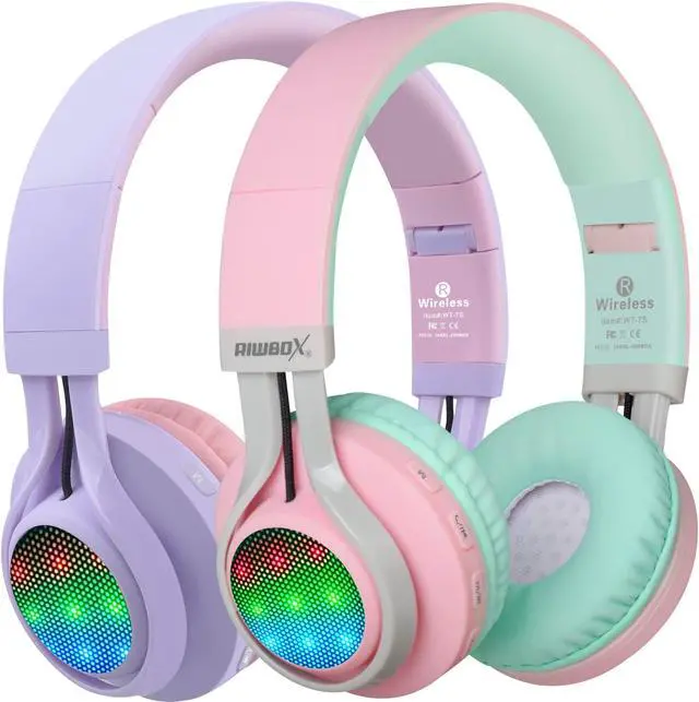 Main image of Riwbox 2 Packs WT-7S Kids Headphones Wireless, Foldable Stereo Bluetooth Headset with Mic Compatible with PC/Laptop/Tablet/iPad Purple&Pink