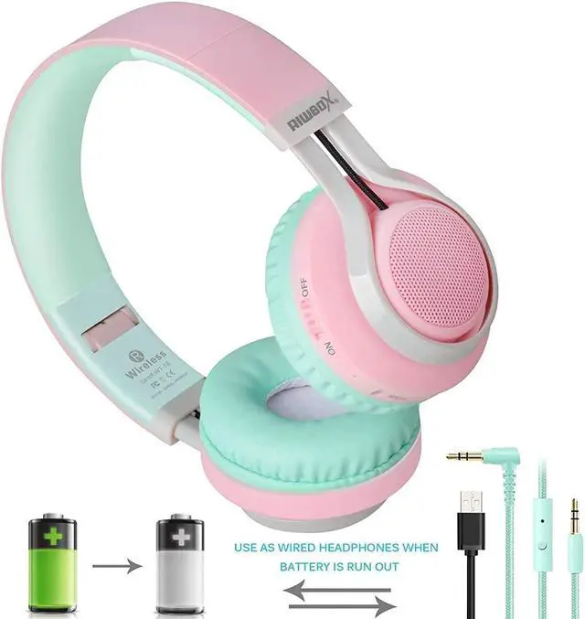 Alt view image 5 of 5 - Riwbox 2 Packs WT-7S Kids Headphones Wireless, Foldable Stereo Bluetooth Headset with Mic Compatible with PC/Laptop/Tablet/iPad Purple&Pink