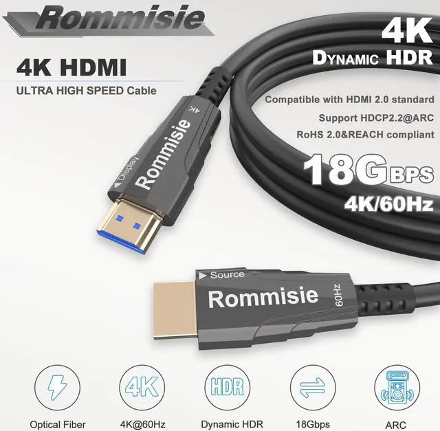 Alt view image 2 of 5 - Rommisie 4K HDMI 300FT Cable Fiber Optic, HDMI 2.0,18Gbps 4K@60Hz (4:4:4 HDR10 HDCP2.2 ARC CEC) Ultra HD One-Direction Cord Ethernet Audio Return Compatible with UHD TV Monitor Laptop Xbox PS4/PS5 ect