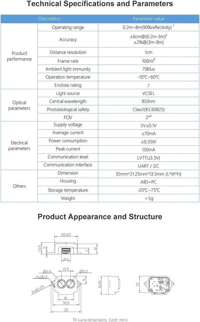 Alt view image 4 of 5 - SmartFly info TF-Luna Lidar Sensor 0.1-8m Short-Range Distance Single-Point Ranging Finder Module UART / I2C Compatible with Pixhawk and Raspberry Pi for Drone/Robot Obstacle Avoidance