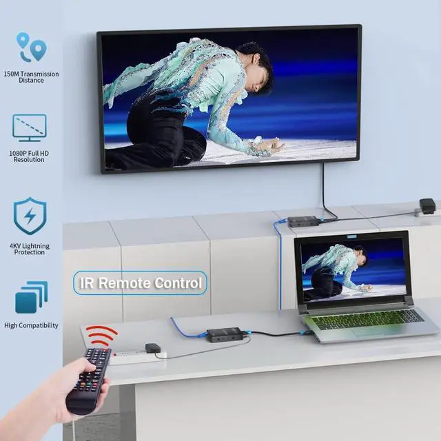 Alt view image 5 of 5 - Digital HDMI Extender Over Cat5e/6 Uncompressed Full HD 1080p 60Hz HDMI Over Ethernet Cable Up to 495Ft, HDMI IP Extender Support IR Remote Control and HDMI Loop Out