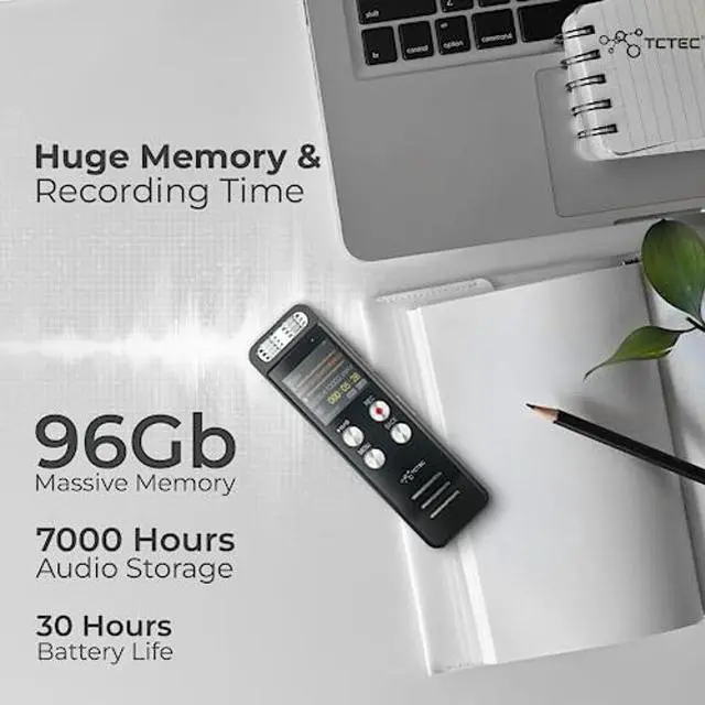 Alt view image 4 of 5 - 96GB TCTEC Digital Voice Recorder with 7000 Hours Recording Capacity, Audio Noise Reduction, Sound Tape Recorder with Playback, Clip-on Mic Dictaphone for Meeting, Lecture