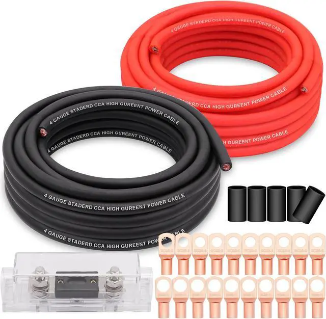 Main image of Taukealugs 4 Gauge Wire Copper Clad Aluminum CCA 50FT Black/Red with 4ga lugs,100A ANL Fuse Holder and Heat Shrink Tube - Battery Power/Ground Cable,Car Audio Speaker,RV Trailer Amp Wiring kit