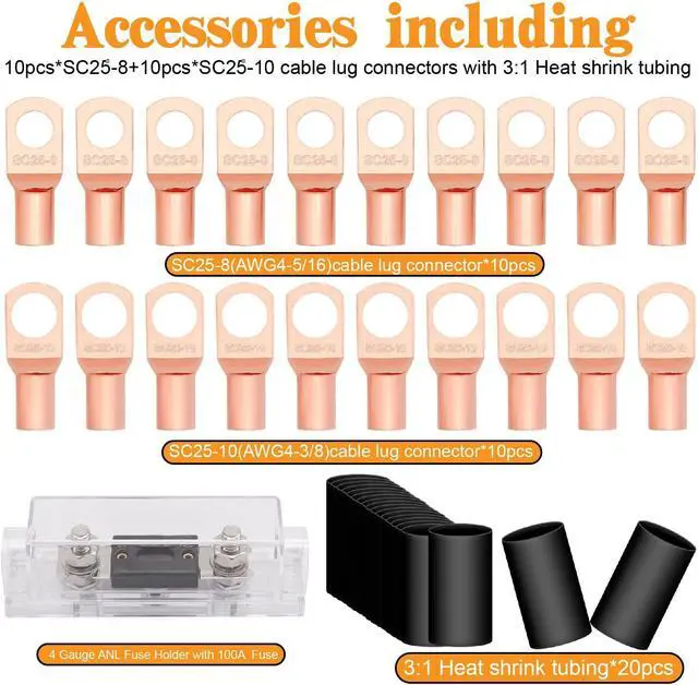 Alt view image 4 of 4 - Taukealugs 4 Gauge Wire Copper Clad Aluminum CCA 50FT Black/Red with 4ga lugs,100A ANL Fuse Holder and Heat Shrink Tube - Battery Power/Ground Cable,Car Audio Speaker,RV Trailer Amp Wiring kit