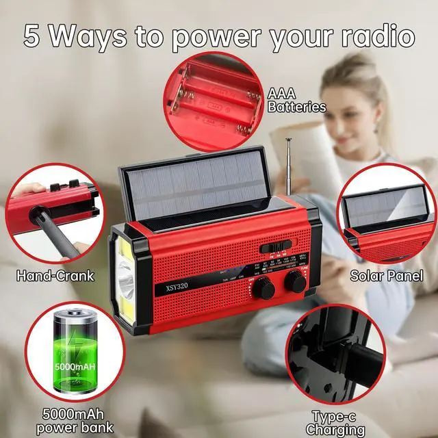Alt view image 3 of 5 - Emergency Radio Hand Crank Solar,AM/FM/WB NOAA Weather Radios with Oversized Solar Powered Power Panel,Type-C charger,3W Flashlight & Reading Lamp,SOS Alarm,5000 mAh Battery Operated Survival Radio