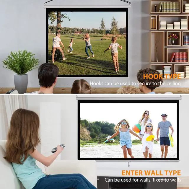 Alt view image 4 of 5 - VIVOHOME 120 Inch Manual Pull Down Projector Screen, 1:1 HD Retractable Widescreen for Movie Home Theater Cinema Office Video Game