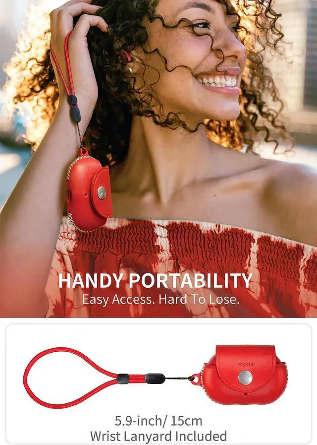 Alt view image 4 of 5 - VogDUO Genuine Leather Beats Studio Buds Plus Case - Protective Full Cover Charging Slot Snap Holder with 5.9-inch Wrist Lanyard Strap, Compatible with Beats Studio Buds + (Red)