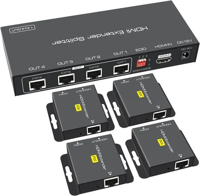 Main image of VPFET HDMI Extender Splitter Up to 165ft 1 in 4 Out Over Cat5e/6/7 HDMI Repeater Balun Ethernet Sender Transmitter Receiver Support 1080p EDID Presets POC(Only Need TX Power for Work )