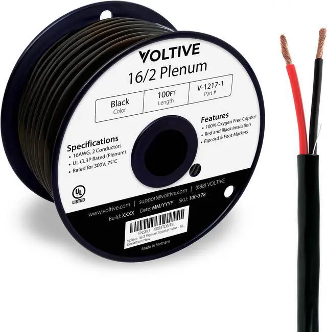 Main image of Voltive 16/2 Plenum Speaker Wire - 16 AWG/Gauge 2 Conductor - UL Listed Plenum Rated (CL2P/CL3P/CMP) - Oxygen-Free Copper (OFC) - 100 Foot Spool - Black