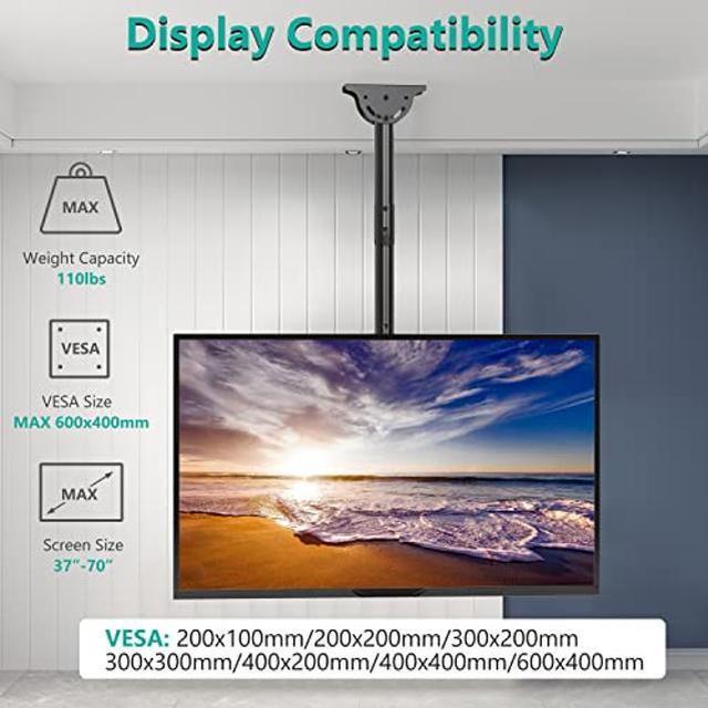 Alt view image 2 of 5 - WALI Ceiling TV Mount, Hanging TV Mount Bracket for Most 37 to 70 inch LED, LCD, OLED 4K TVs, up to 110lbs, Mounting Holes 600x400mm (CM3770), Black