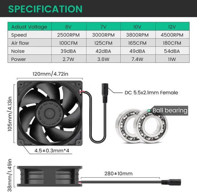 Alt view image 3 of 5 - Wathai AC 110V - 240V Small Square Fan with Speed controller AC Plug and 120mm Fan Filter Cover