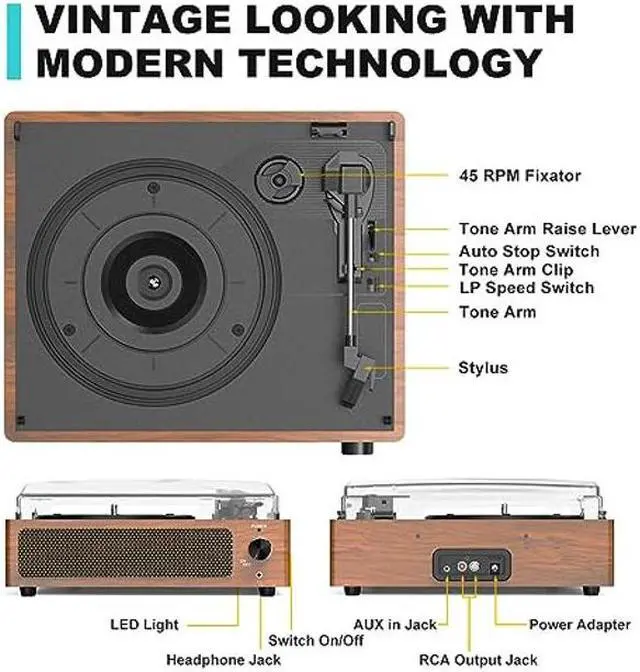 Alt view image 2 of 5 - WOCKODER Vintage Record Players for Vinyl with Speakers Belt-Driven Retro Turntable for Vinyl Records Support 3-Speed, Bluetooth Playback, AUX-in, Headphone, RCA All-in-on LP Vinyl Players Brown