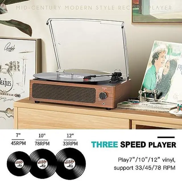 Alt view image 3 of 5 - WOCKODER Vintage Record Players for Vinyl with Speakers Belt-Driven Retro Turntable for Vinyl Records Support 3-Speed, Bluetooth Playback, AUX-in, Headphone, RCA All-in-on LP Vinyl Players Brown