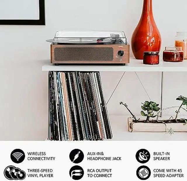 Alt view image 5 of 5 - WOCKODER Vintage Record Players for Vinyl with Speakers Belt-Driven Retro Turntable for Vinyl Records Support 3-Speed, Bluetooth Playback, AUX-in, Headphone, RCA All-in-on LP Vinyl Players Brown