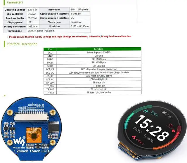 Alt view image 4 of 5 - 1.28inch Round Touch LCD 240x240 IPS Screen Display Module,SPI and I2C Communication,with GC9A01 Display Driver,CST816S Touch Driver,for Raspberry Pi 5/ 4B/3B+/Pi3B/Zero W for Raspberry Pi Pico,etc
