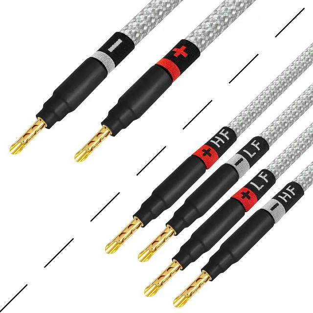 Alt view image 4 of 5 - WORLDS BEST CABLES 6 Foot ULTIMATE - 9 AWG - Ultra-Pure OFC - Premium Audiophile HiFi Bi-Wire Single Speaker Cable for Center Channel with Eminence Gold Banana Plugs & Silver Tweed Jacket