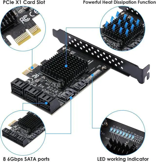 Alt view image 3 of 5 - YBBOTT SATA 3.0 Controller Expansion Card, 8-Port PCIE SATA Card, PCI-E X1 3.0 Gen3 (6Gbps) Controller Card for Windows 10/8/Ubuntu (ASM1064 + JMB575)