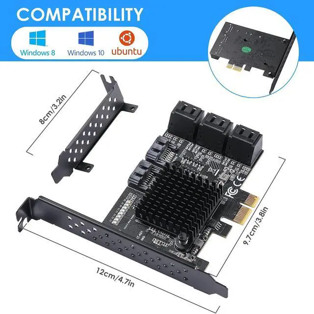 Alt view image 5 of 5 - YBBOTT SATA 3.0 Controller Expansion Card, 8-Port PCIE SATA Card, PCI-E X1 3.0 Gen3 (6Gbps) Controller Card for Windows 10/8/Ubuntu (ASM1064 + JMB575)