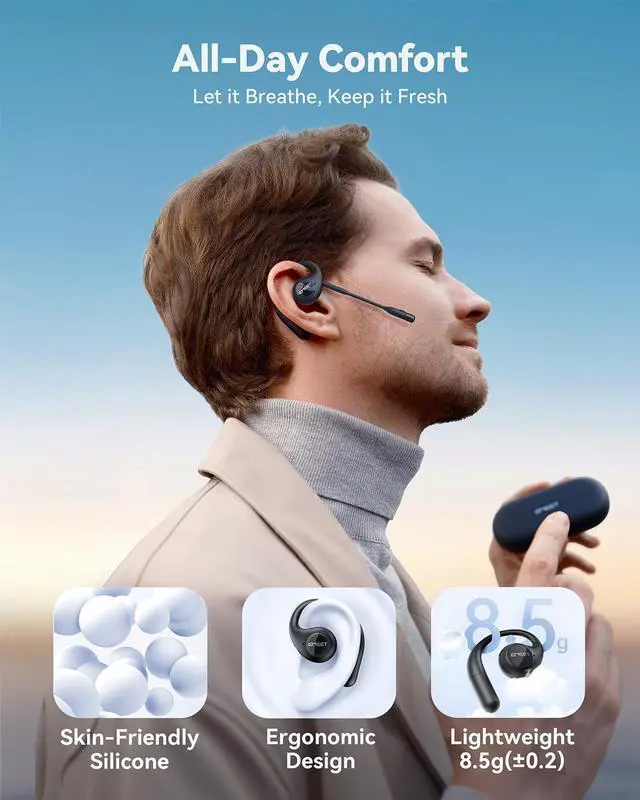 Alt view image 2 of 5 - EMEET AirFlow Open Ear Headphones with Mic, Bluetooth 5.3 Wireless Headsets with Detachable Microphone, ENC Noise Cancelling, Multipoint Pairing, Ultra Comfort, Wireless Earbuds for Work, home, office
