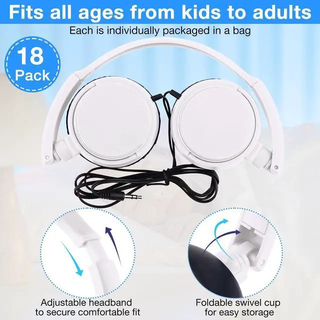Alt view image 2 of 5 - Yunsailing 18 Pack Classroom Headphones Bulk Student Wired Class Headphones Set for Kids School with Individually Wrapped Adjustable Over Ear Head Earbuds(White)
