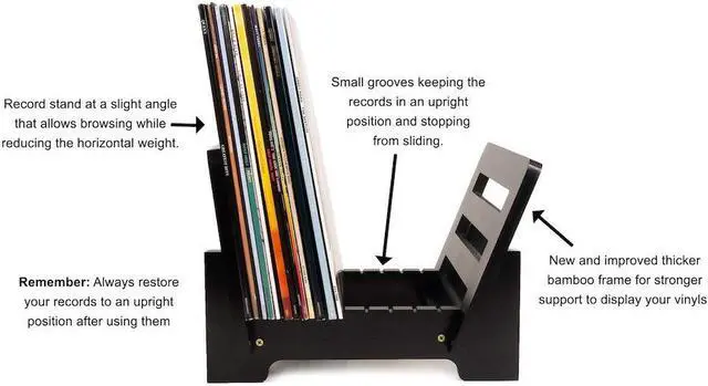 Alt view image 4 of 5 - ZonsWorld - Vinyl Record Holder Storage - Display Up to 50 Albums, Fits 7" and 12" Records or LPs - Music Record Storage and Organizer - Black Bamboo