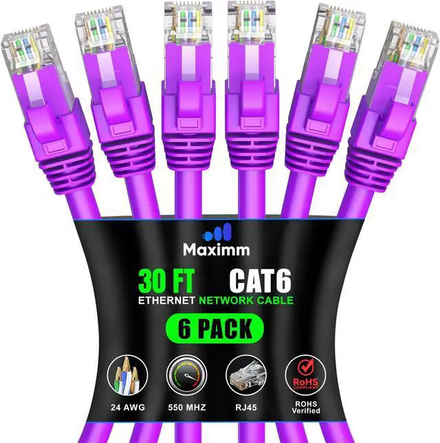 Main image of Maximm Cat 6 Ethernet Cable 30 ft (6-Pack) - High-Speed LAN Cable, Internet Cable, Patch Cable, and Network Cable - UTP, 10Gbps, 550MHz Ethernet Cord - Purple