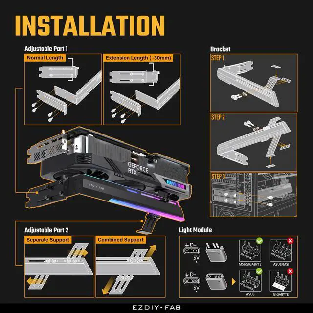 Alt view image 3 of 5 - EZDIY-FAB 5V ARGB GPU Holder Brace Graphics Card GPU Support Video Card Holder Bracket, Strenchable Structure, Video Card Sag Holder/Holster Bracket Support RX7990XTX, RTX4090, Black-341