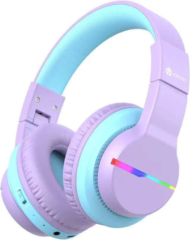 Main image of iClever BTH12 Kids Bluetooth Headphones,Colorful LED Lights Wireless Kids Headphones,74/85/94dB Volume Limited,55H Playtime,Bluetooth 5.2,Over Ear Headphones with Mic for iPad/Tablet/Traveling,Purple