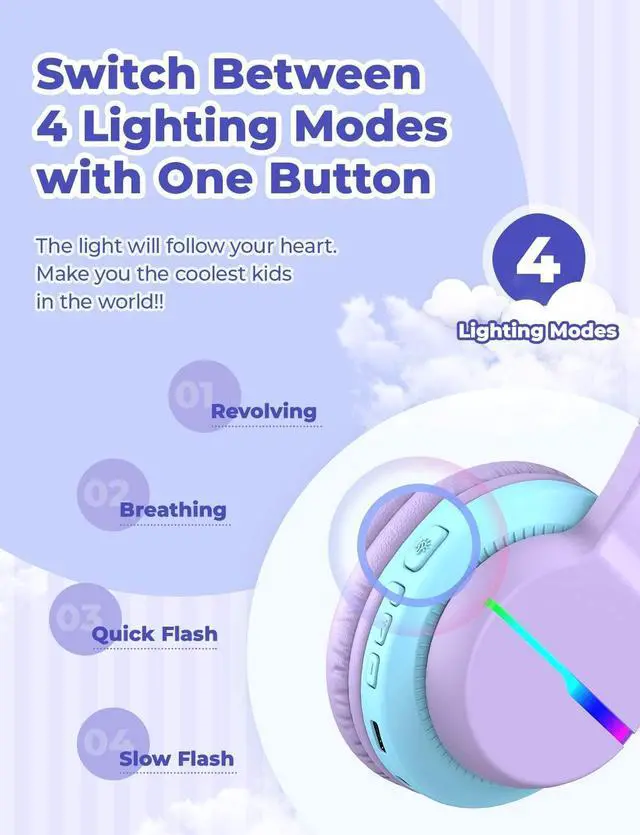 Alt view image 2 of 5 - iClever BTH12 Kids Bluetooth Headphones,Colorful LED Lights Wireless Kids Headphones,74/85/94dB Volume Limited,55H Playtime,Bluetooth 5.2,Over Ear Headphones with Mic for iPad/Tablet/Traveling,Purple