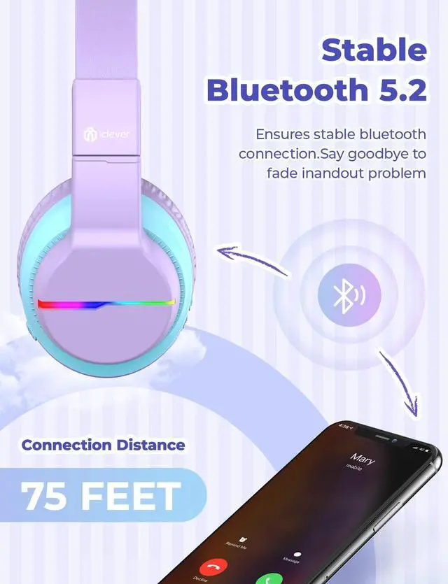 Alt view image 5 of 5 - iClever BTH12 Kids Bluetooth Headphones,Colorful LED Lights Wireless Kids Headphones,74/85/94dB Volume Limited,55H Playtime,Bluetooth 5.2,Over Ear Headphones with Mic for iPad/Tablet/Traveling,Purple