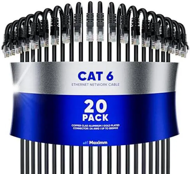 Main image of Maximm Cat 6 Ethernet Cable 8 ft (20-Pack) - High-Speed LAN Cable, Internet Cable, Patch Cable, and Network Cable - UTP, 10Gbps, 550MHz Ethernet Cord - Black