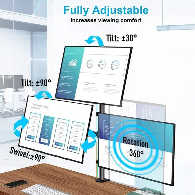 Alt view image 3 of 5 - MOUNTUP Triple Monitor Stand, Height Adjustable Monitor Desk Mount Fit for Three 17 to 32 Inch Computer Screens, Stacked Monitor Arm for 3 monitors, with C-Clamp and Grommet Base,up to 17.6lbs per Arm