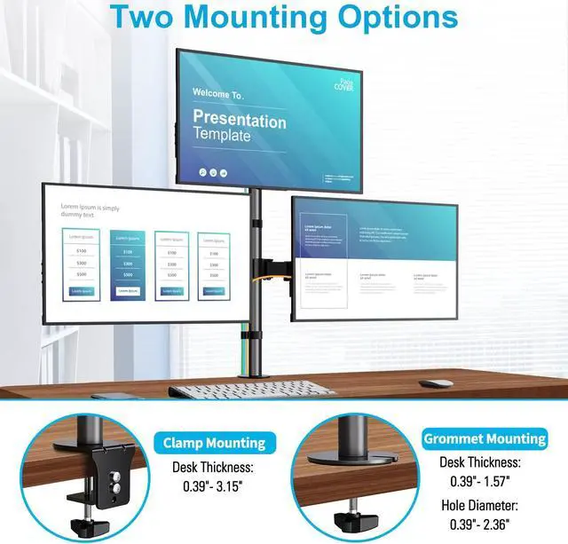 Alt view image 5 of 5 - MOUNTUP Triple Monitor Stand, Height Adjustable Monitor Desk Mount Fit for Three 17 to 32 Inch Computer Screens, Stacked Monitor Arm for 3 monitors, with C-Clamp and Grommet Base,up to 17.6lbs per Arm