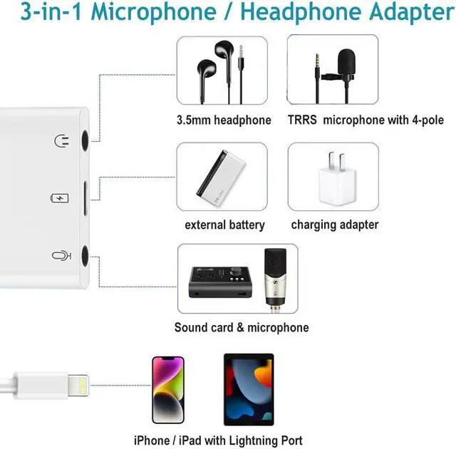 Alt view image 2 of 5 - Ceotsak iPhone Microphone Adapter for Live-Streaming Lightning to Microphone & 3.5mm Headphone Adapter with Charging Port iPhone Audio & MIC Splitter Compatible for iPhone 14 13 12 11 X