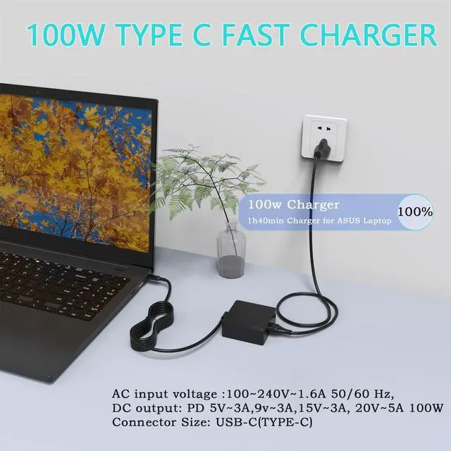 Alt view image 4 of 5 - 100W 90W USB C Laptop Charger for ASUS TUF Dash 15 F15 Asus ROG Zephyrus G14 G15 Duo 15 ZenBook 14X 14 Flip OLED ROG Strix Scar 15 17 Gaming Power Adapter