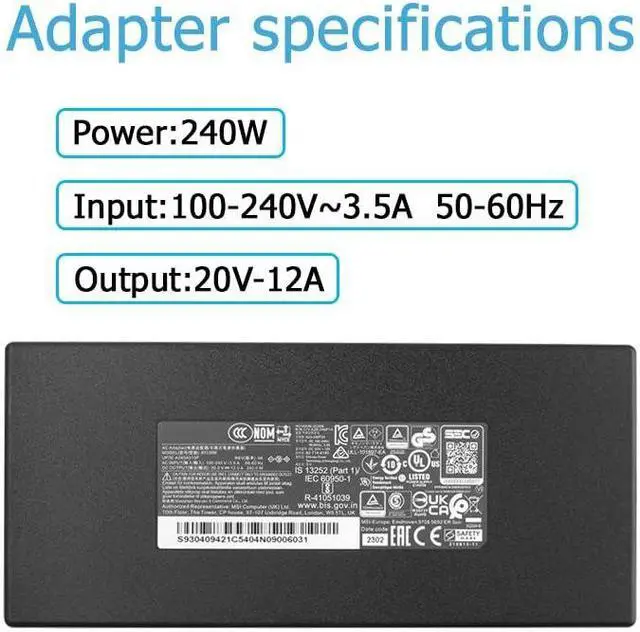 Alt view image 4 of 5 - 240W AC Charger for MSI A20-240P2A S93-0409420-C54 Katana GF66 12UGS MS-1583 Pulse GL66 11SCK MS-1582 11UE MS-1581 12UEK-070 12UGKV-464 GL76 12UEK MS-17L3 Stealth GS66 12UGS 12UH