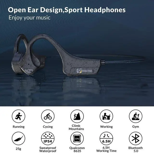 Alt view image 5 of 5 - Bone Conduction Headphones Bluetooth 5.0,Wireless Open Ear Headphones with Built-in Mic,Waterproof Earphones,Sweatproof Sports Headset for Running,Cycling,Hiking,Gym,Climbing & Driving(Black)