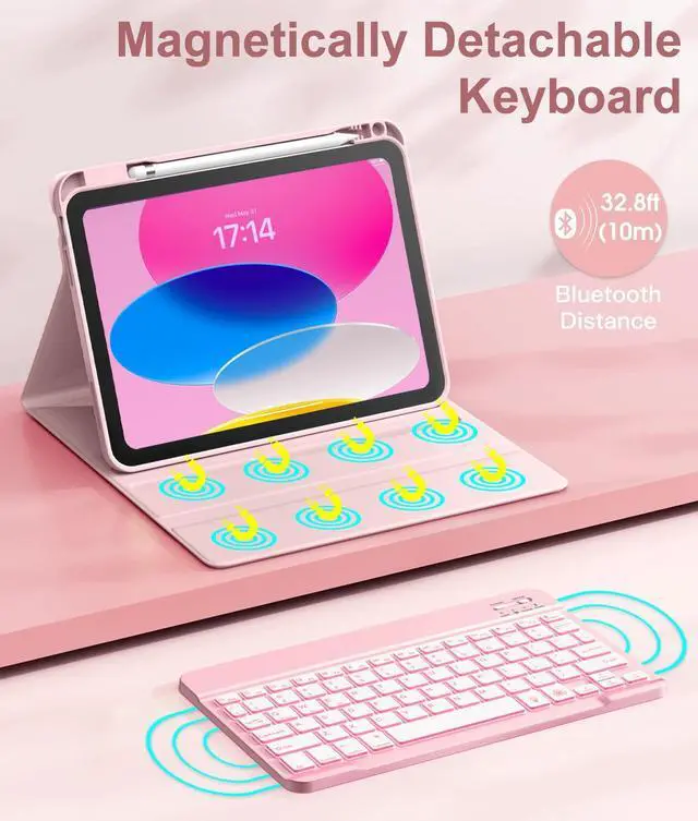 Alt view image 4 of 5 - Hamile iPad 10th Generation Case with Keyboard 10.9 Inch - 7 Colors Backlit Detachable Folio Wireless Keyboard Cover with Pencil Holder for New iPad 10th Gen 2022 (Light Pink)
