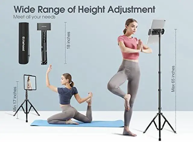 Alt view image 2 of 5 - elitehood Aluminum iPad Stand Floor, Tripod Holder - 65'' Adjustable iPad Pro 12.9 Stand, iPad Holder Stand for iPad Pro 12.9, 11 inch, iPad Air, Mini 2 3 4 and 4.7-13" Tablets and Phones- Black
