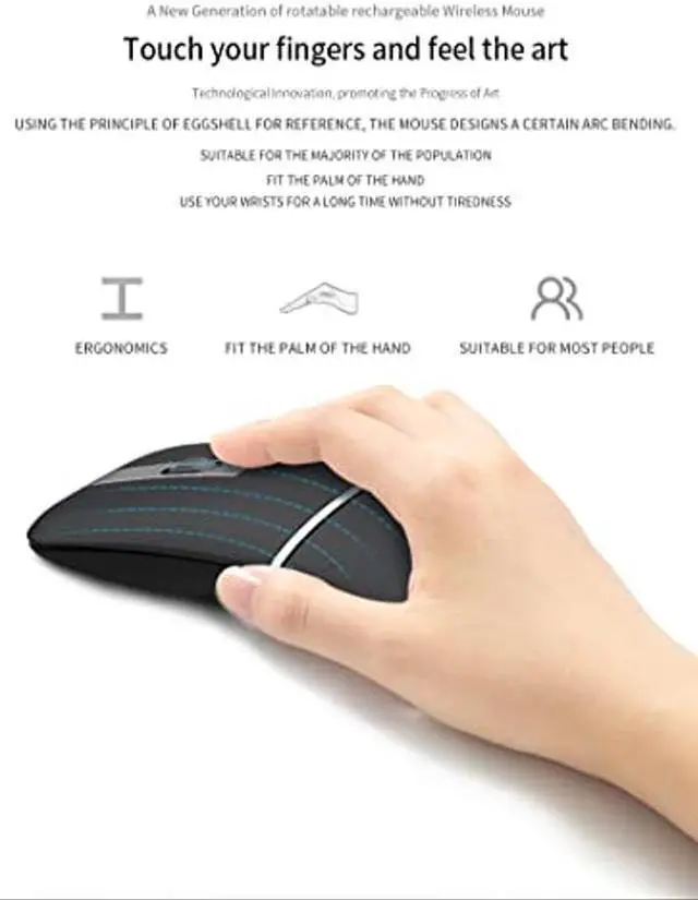 Alt view image 5 of 5 - Foldable Arc Wireless Mouse with USB Receiver, Bluetooth 2.4GHz Dual-Mode Rechargeable,180deg Rotation, Silent Click, Portable Curved Computer Mouse for PC, Laptop, MacBook (Black)