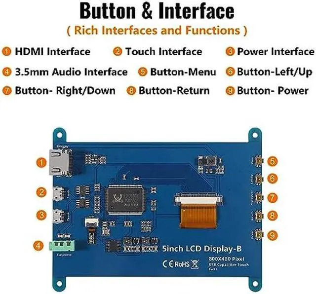 Alt view image 3 of 5 - JUZITAO 5 Inch IPS LCD Touch Screen Display Panel Monitor 800x480 Capacitive Screen HDMI Monitor for Raspberry Pi 4 3B+ BB Black Windows 10 8 7 PC