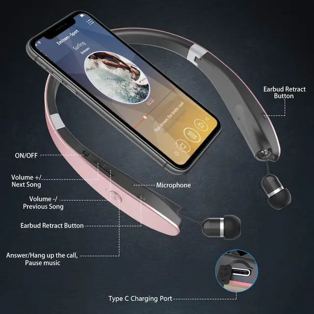 Alt view image 2 of 5 - AMORNO Foldable Bluetooth Headphones Wireless Neckband Headset with Retractable Earbuds, Sports Sweatproof Noise Cancelling Stereo Earphones with Mic ...