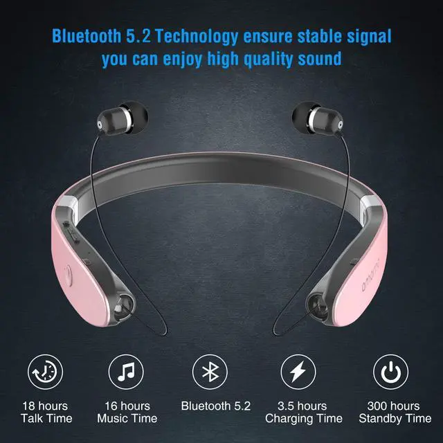 Alt view image 3 of 5 - AMORNO Foldable Bluetooth Headphones Wireless Neckband Headset with Retractable Earbuds, Sports Sweatproof Noise Cancelling Stereo Earphones with Mic ...