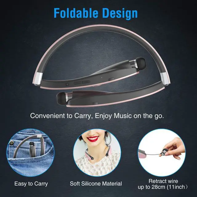 Alt view image 4 of 5 - AMORNO Foldable Bluetooth Headphones Wireless Neckband Headset with Retractable Earbuds, Sports Sweatproof Noise Cancelling Stereo Earphones with Mic ...