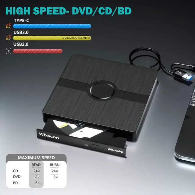 Alt view image 3 of 5 - External Blu Ray Drive, BD Player with Read/Write Capability Portable Blu-ray Player with USB 3.0 and Type-C CD/DVD Burner 3D Blu-ray Drive Compatible with Win10 and Mac OS,Drive Blu Ray Player for PC