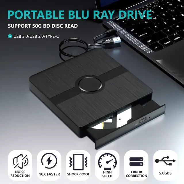 Alt view image 2 of 5 - External Blu Ray Drive, BD Player with Read/Write Capability Portable Blu-ray Player with USB 3.0 and Type-C CD/DVD Burner 3D Blu-ray Drive Compatible with Win10 and Mac OS,Drive Blu Ray Player for PC