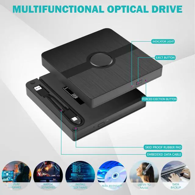 Alt view image 4 of 5 - External Blu Ray Drive, BD Player with Read/Write Capability Portable Blu-ray Player with USB 3.0 and Type-C CD/DVD Burner 3D Blu-ray Drive Compatible with Win10 and Mac OS,Drive Blu Ray Player for PC